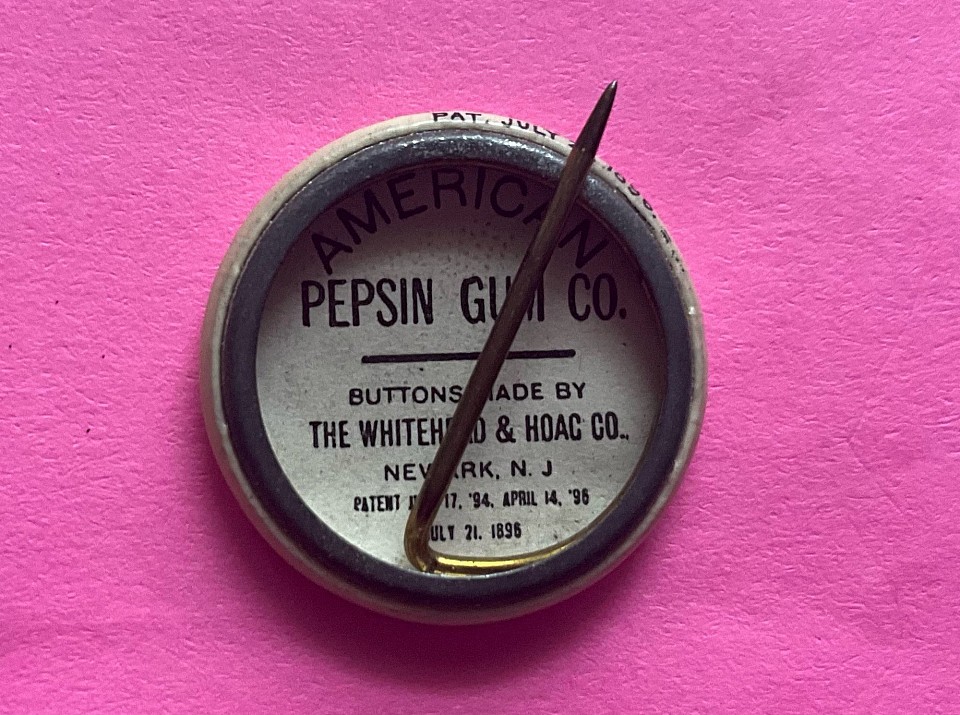 Complete set of Pepsin gum pinbacks. Each celluloid button measures 7/8” and depicts the Little Pinkies of various occupations. These are dated 1896 and appear to be inspired by the Palmer Cox Brownies. An incredibly rare complete set. ~ $250